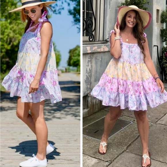 LOVESHACKFANCY Jeanne Pastel Floral Tiered Bow Strap Mini Dress 100% Cotton ~SM - Picture 4 of 16